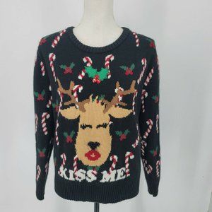 Love by Design Christmas Reindeer KISS ME Sweater Black Women's Size Medium